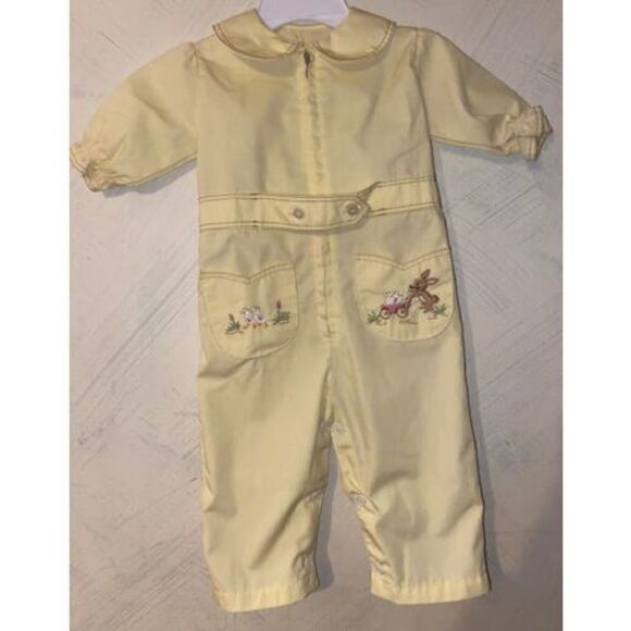 Vtg Yellow Bunny Rabbit Embroidered Coveralls Jumpsuit One Piece  Sz12-18 Months - Picture 2 of 12
